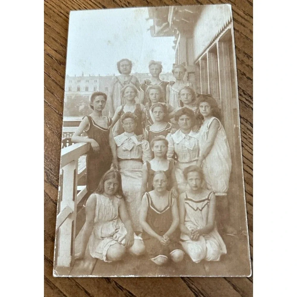 2 Antique RPPC Portrait Girl Group Swimsuits BATHING SUITS Mother Daughters OOAK